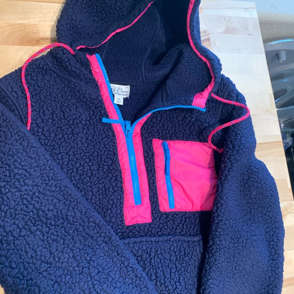 J. Crew Dark Blue and Bright Pink Sherpa Hoodie